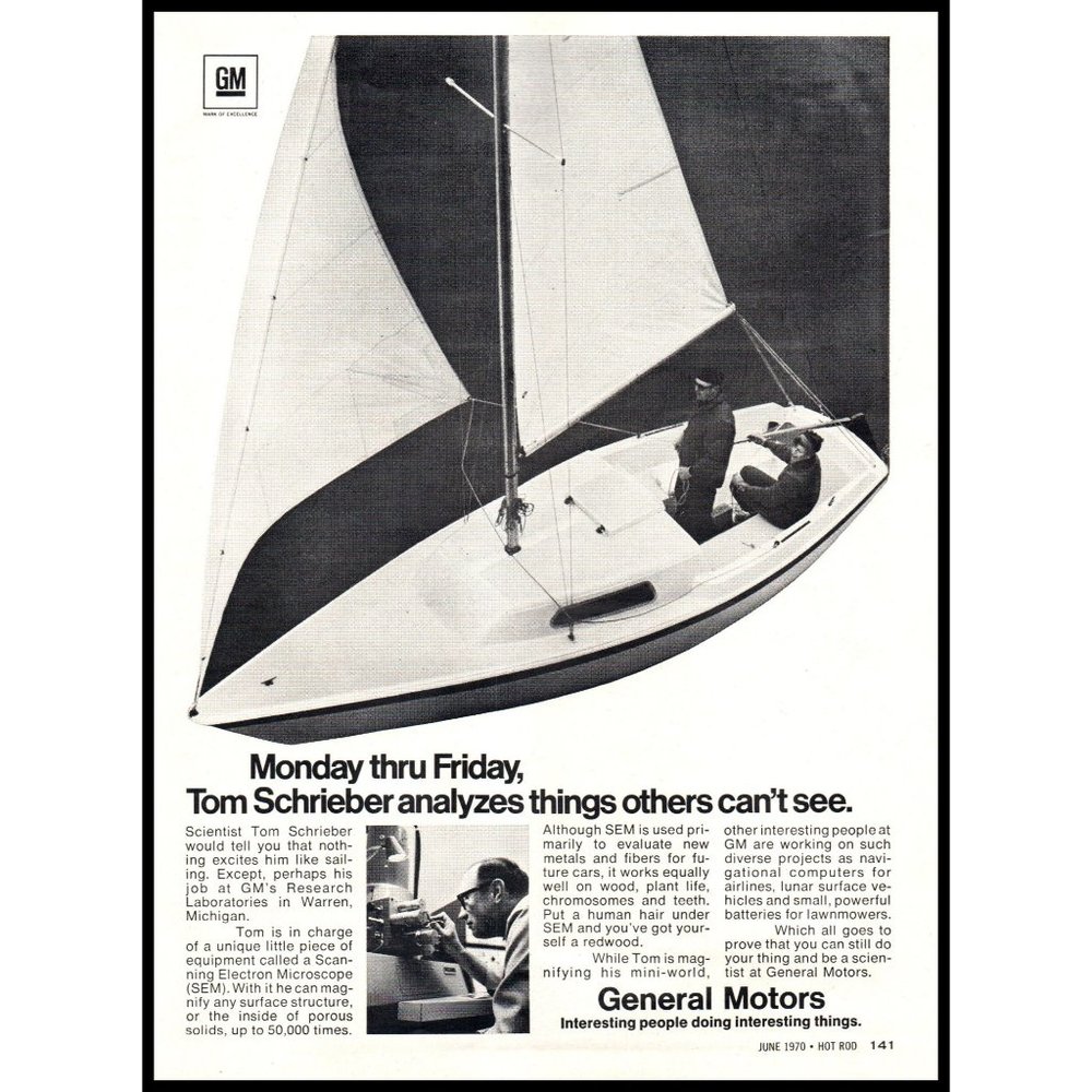 1970 GM General Motors Research Laboratories Vintage Print Ad Sail Boat Sailing